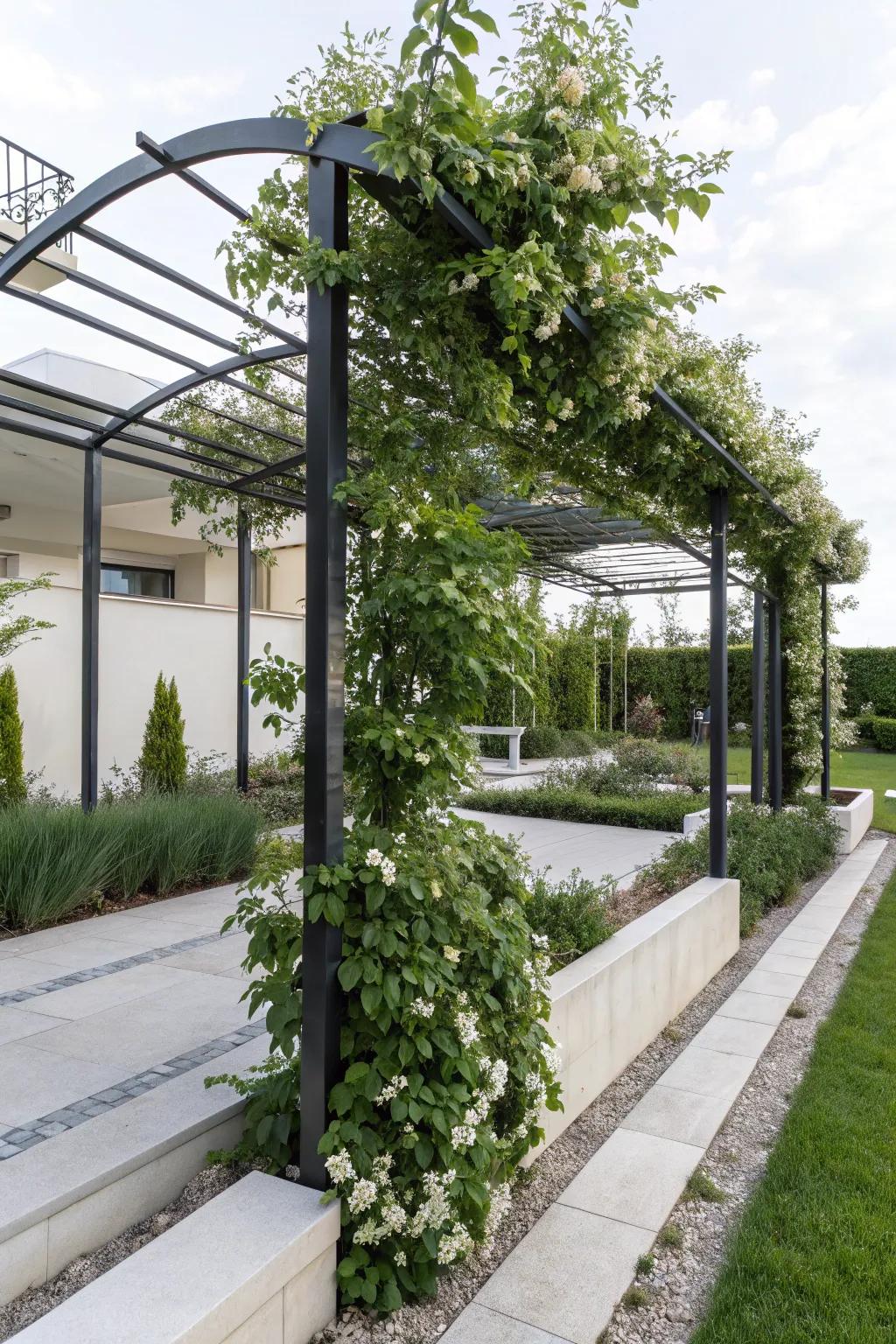 A modern metal arbor with cascading jasmine blooms.