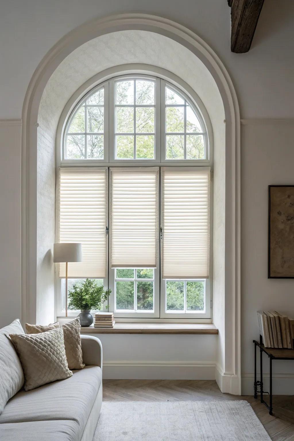A minimalist chamber featuring precision blinds on arched windows.