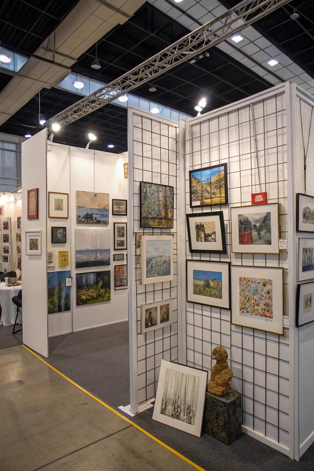 Framework panels facilitate effective and appealing vertical arrangements of displayed artworks in an artistic setting.