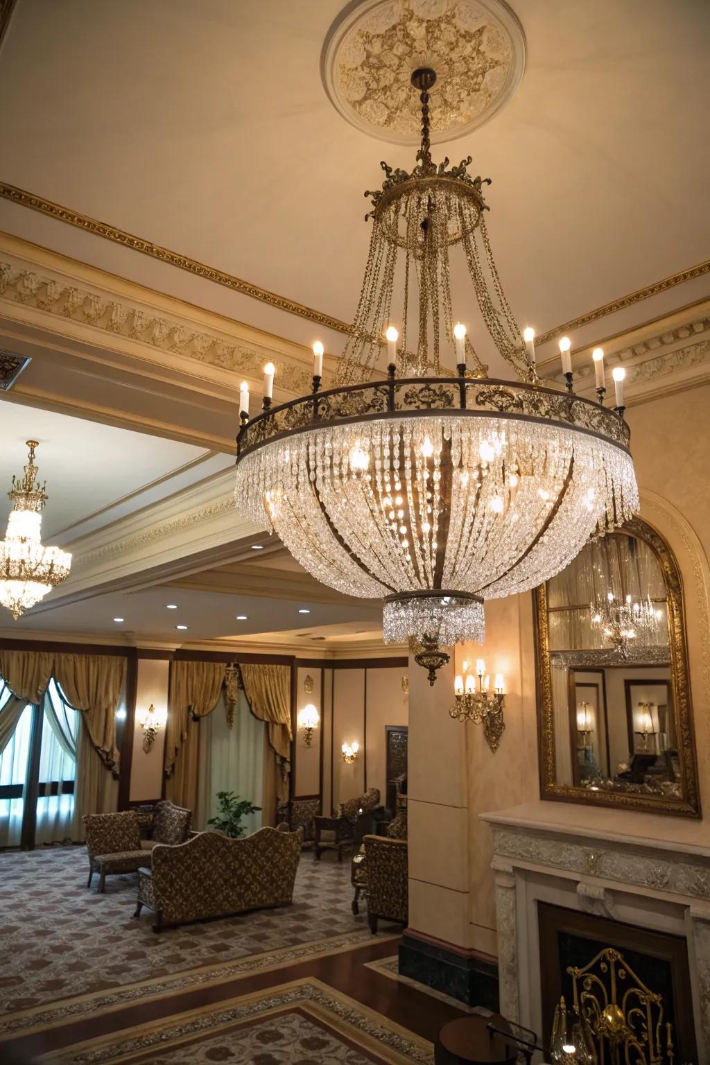 A breathtaking chandelier introducing a luxurious aspect to the room.