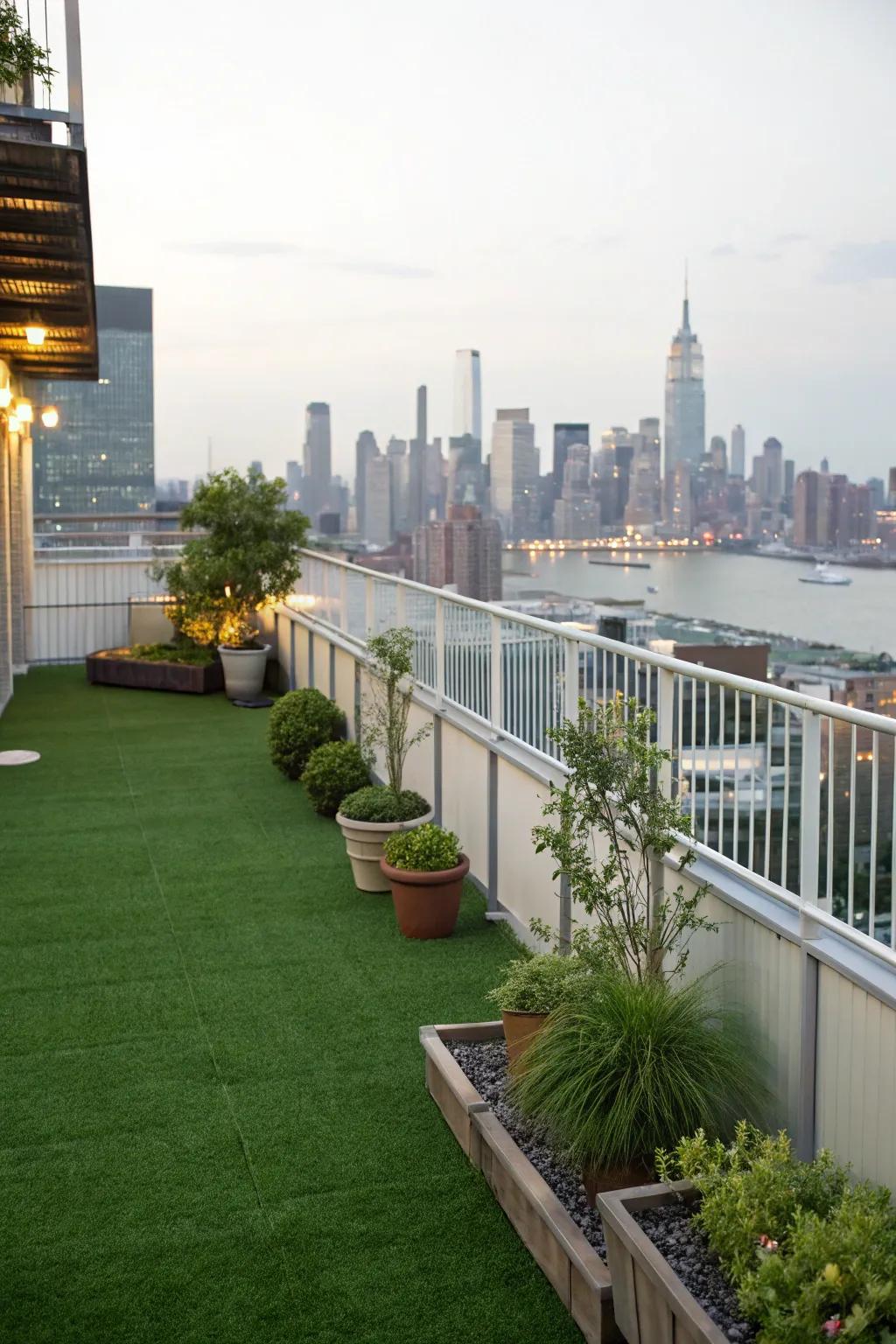 Take your urban experience to the next level with a rooftop green area utilizing synthetic lawn.