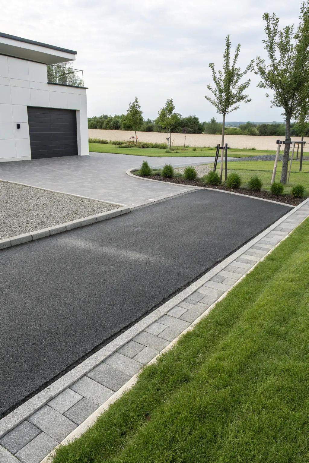 Smooth pavers create a chic, modern border for this stylish driveway.