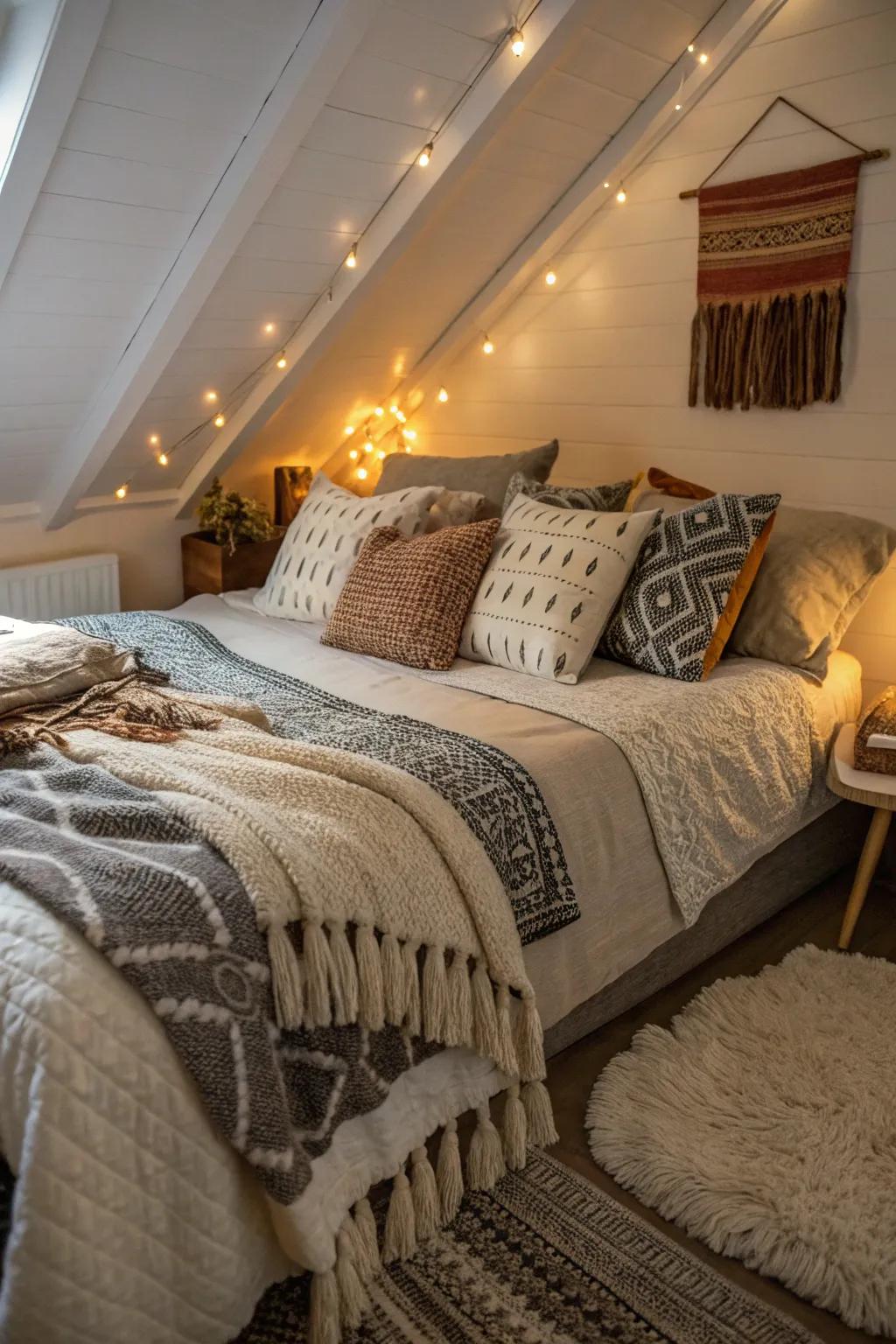 Surround yourself with the comfort of layered textiles for an inviting attic hideaway.