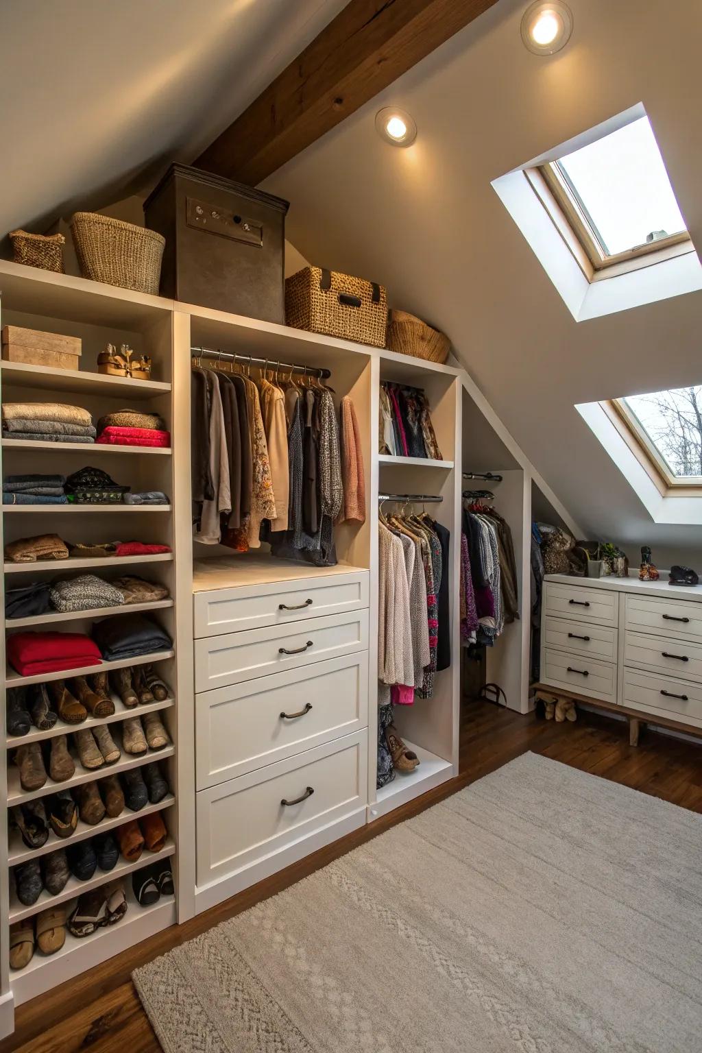 Custom storage efficiently maximizes attic space.