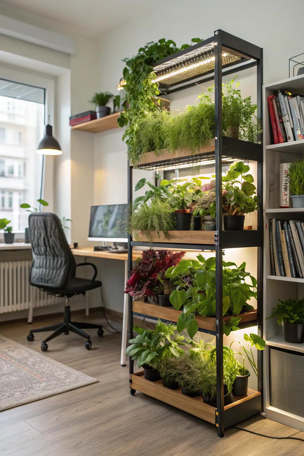 Upright shelving featuring integrated grow lights that beautifully accentuate lively plants.