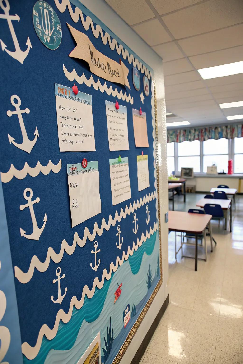 Maritime-themed notice board welcoming students aboard.