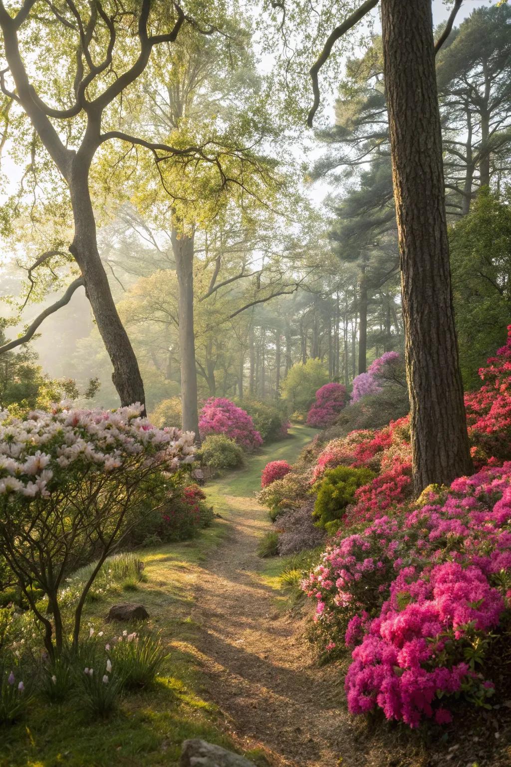 A tranquil woodland garden showcasing azaleas bathed in gentle sunlight.
