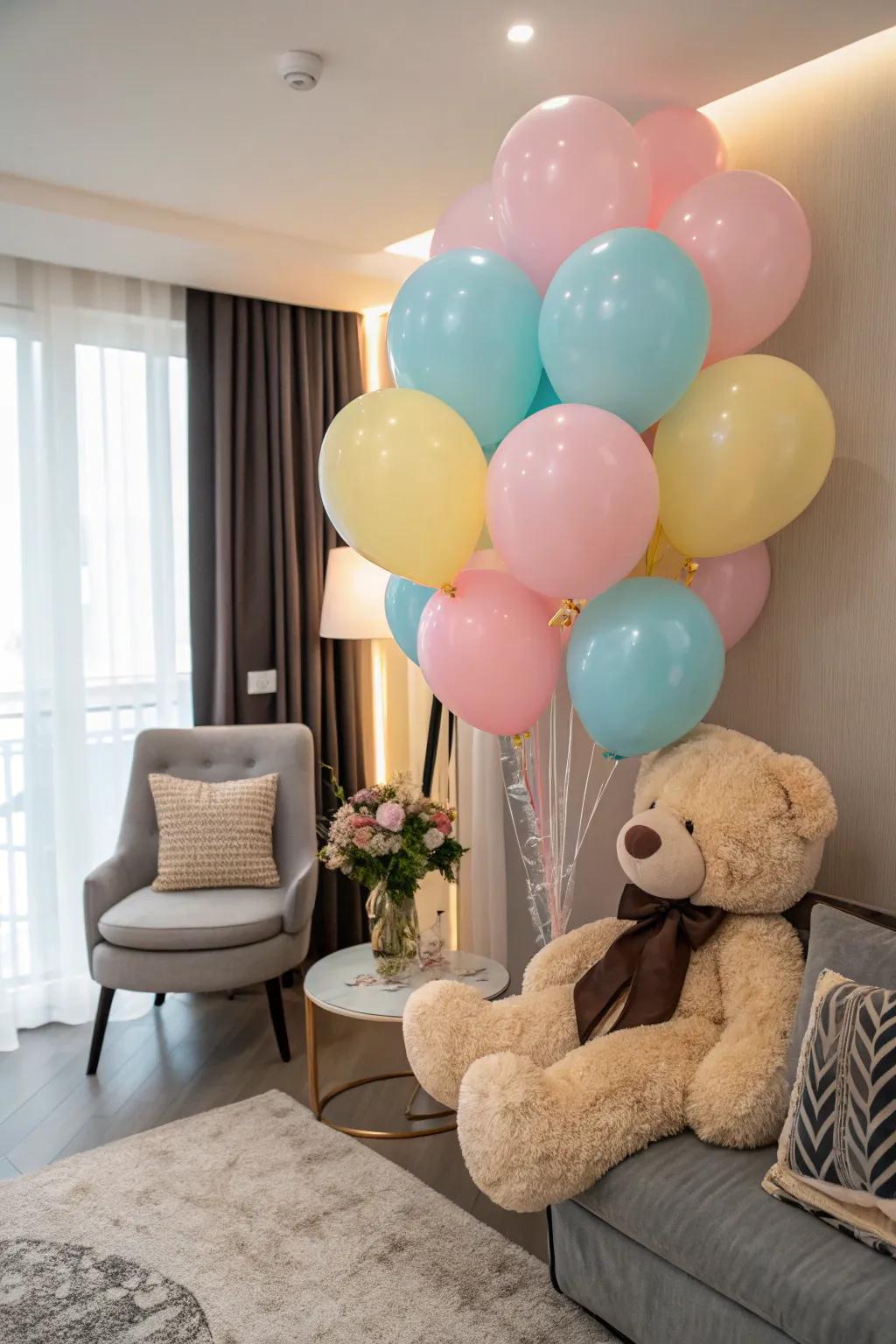 Teddy bears and balloons compose a heartwarming tableau.