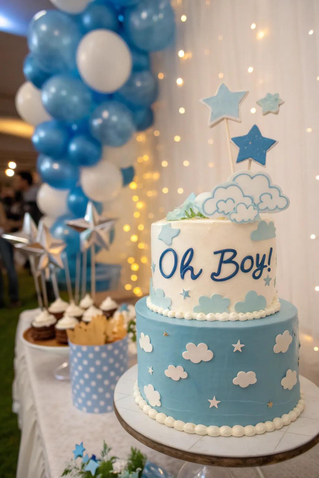 A dreamy cake with clouds and stars, great for a baby boy shower.