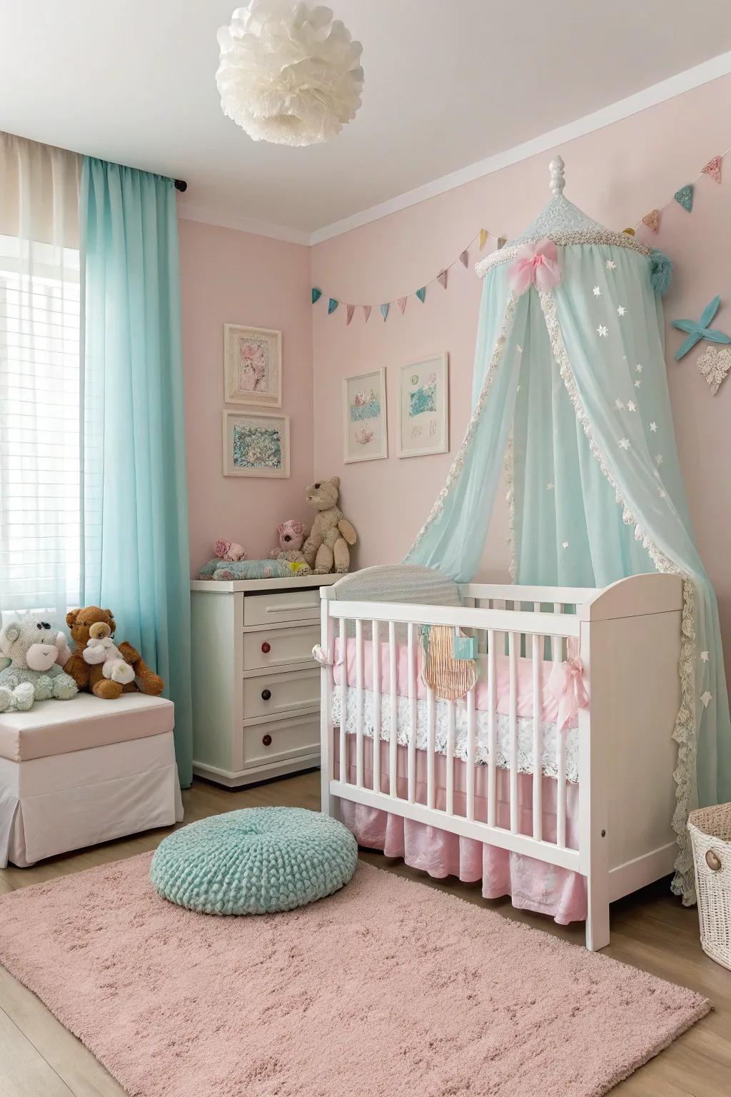 An ivory crib stands as a classic centerpiece in this refined area.