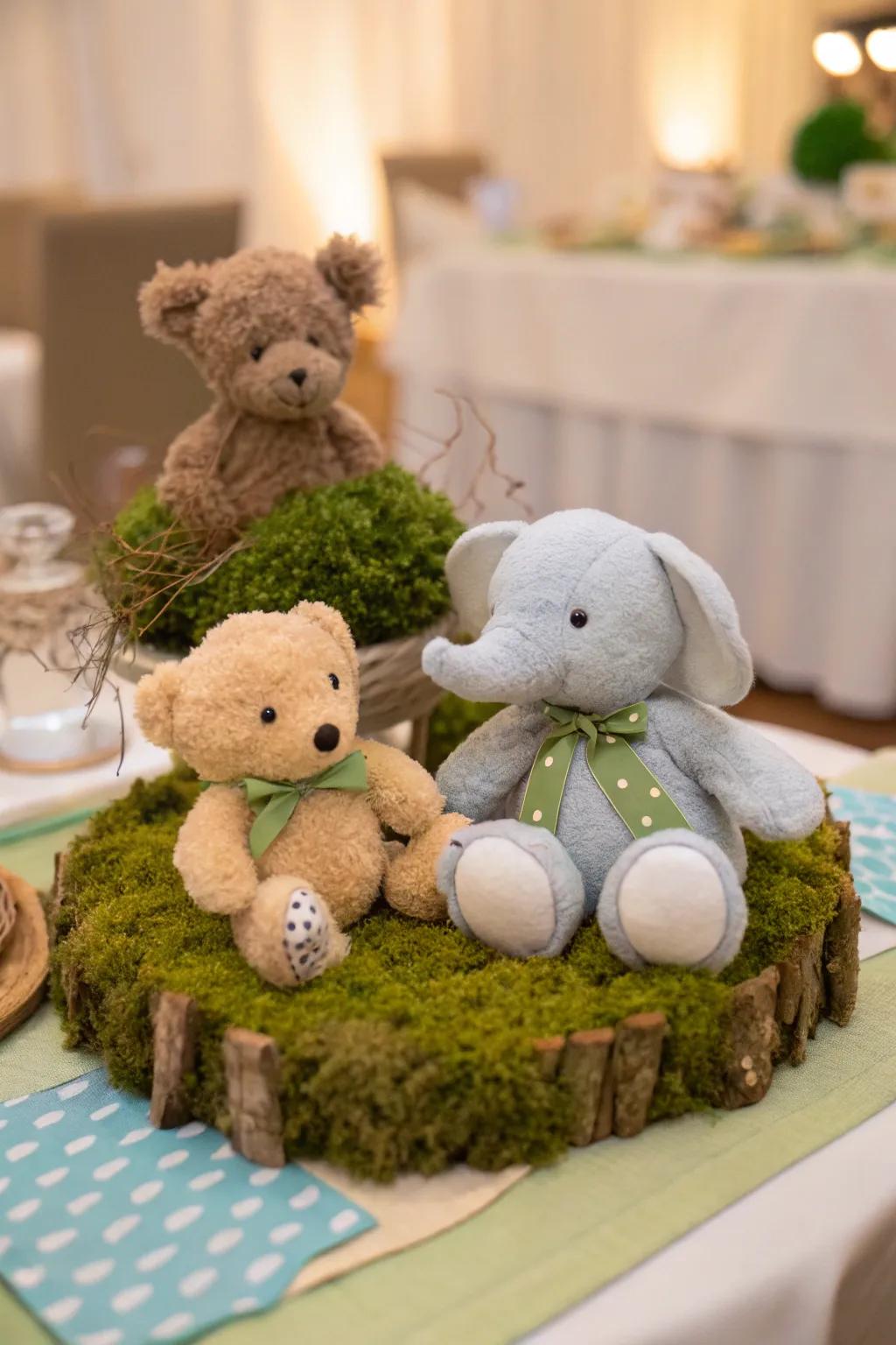 A parade of plush animals adds charm to the table.