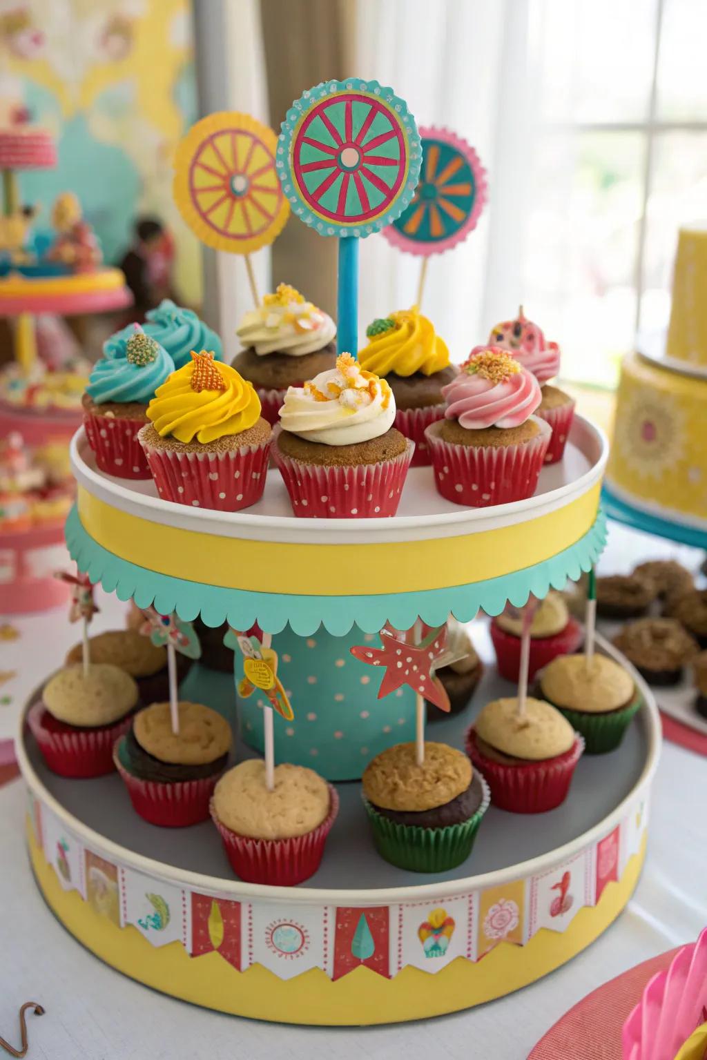 A vibrant cupcake display with delightful themed toppers.