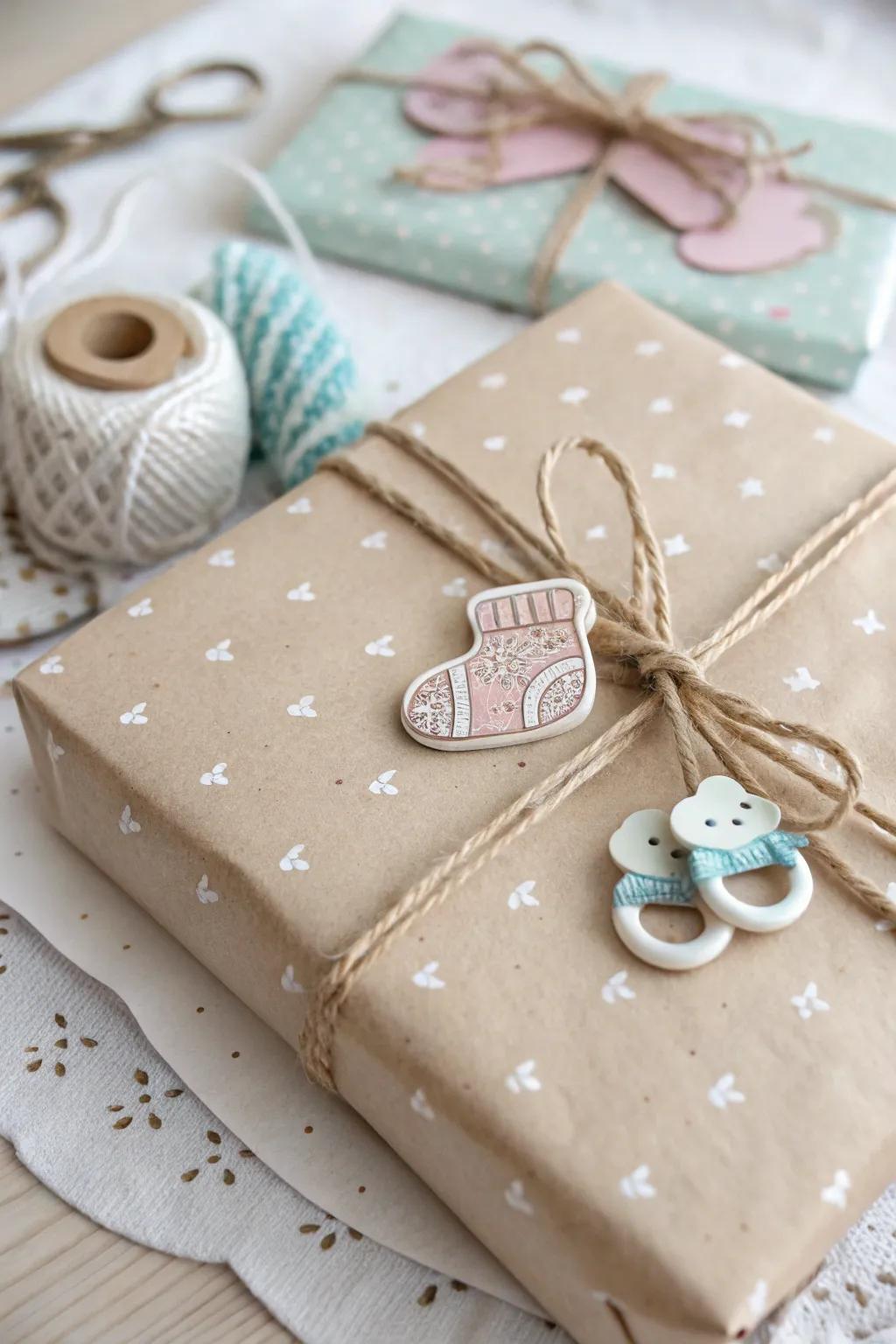 Revel in the nuances: Enhance your baby shower gift packaging with captivating baby-inspired embellishments that include a whimsical element to minimalist sophistication.