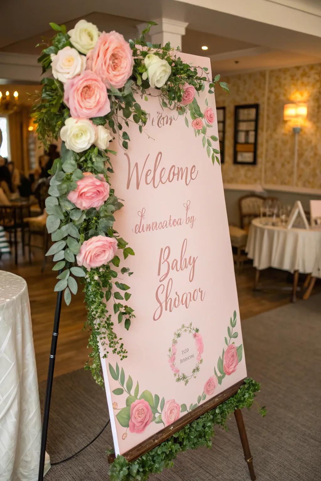 A botanical greeting panel crafts a visually arresting entry.