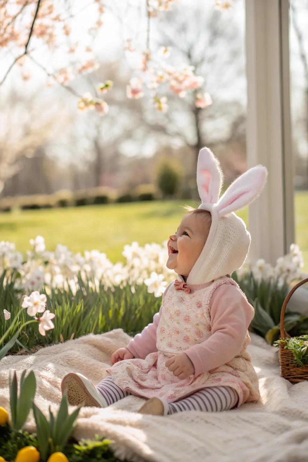An endearing Easter ensemble, rounded off with bunny ears for a momentous photograph.