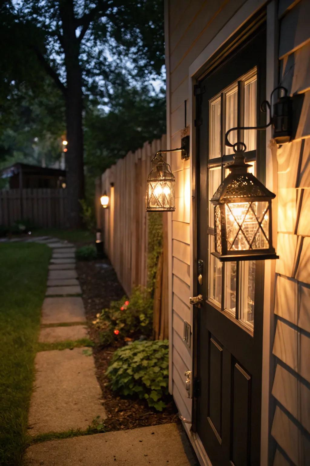 Traditional lamps cast a welcoming glow at the back door.