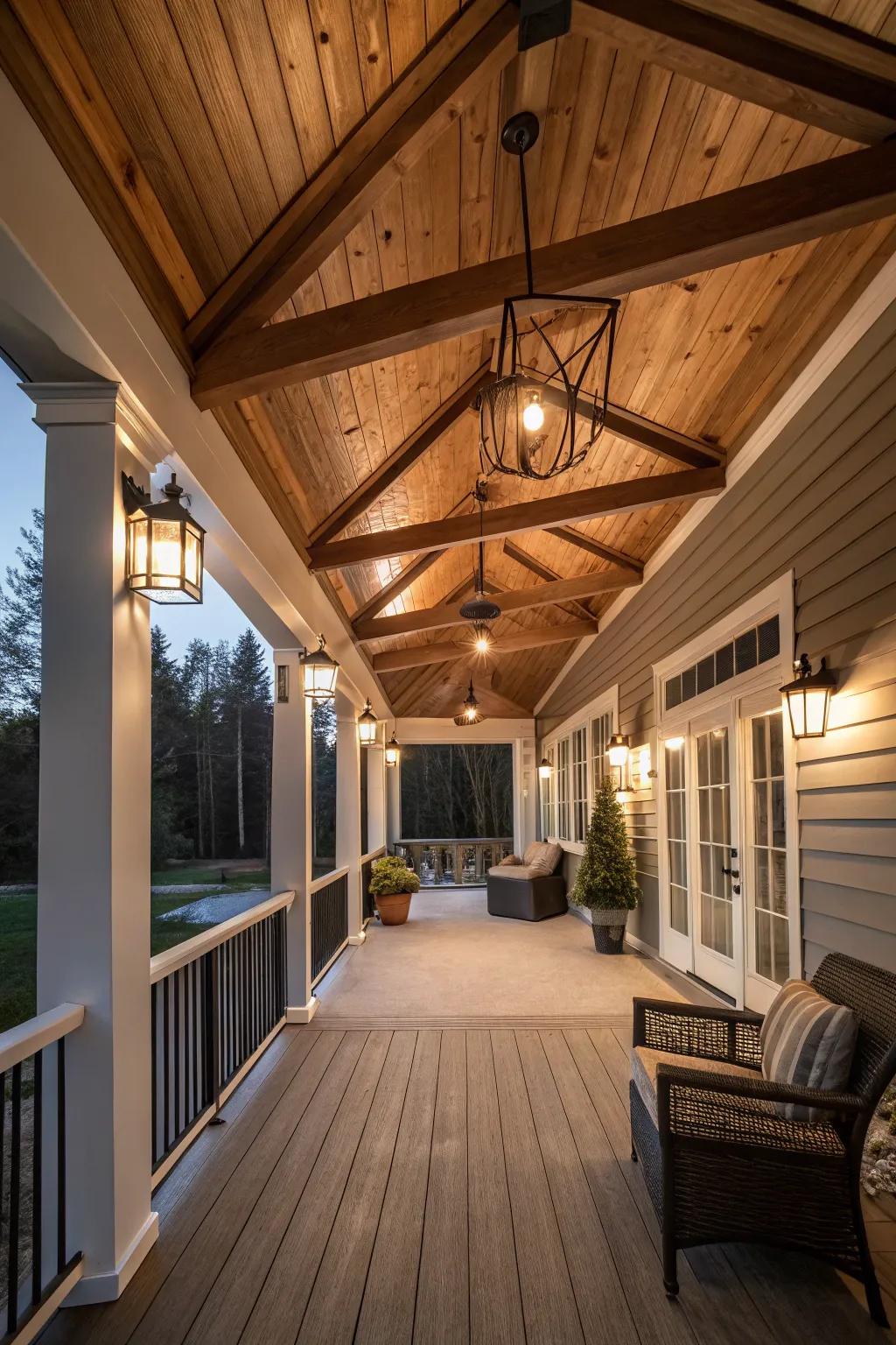 Raise your porch's appeal with an elegant wooden ceiling design.