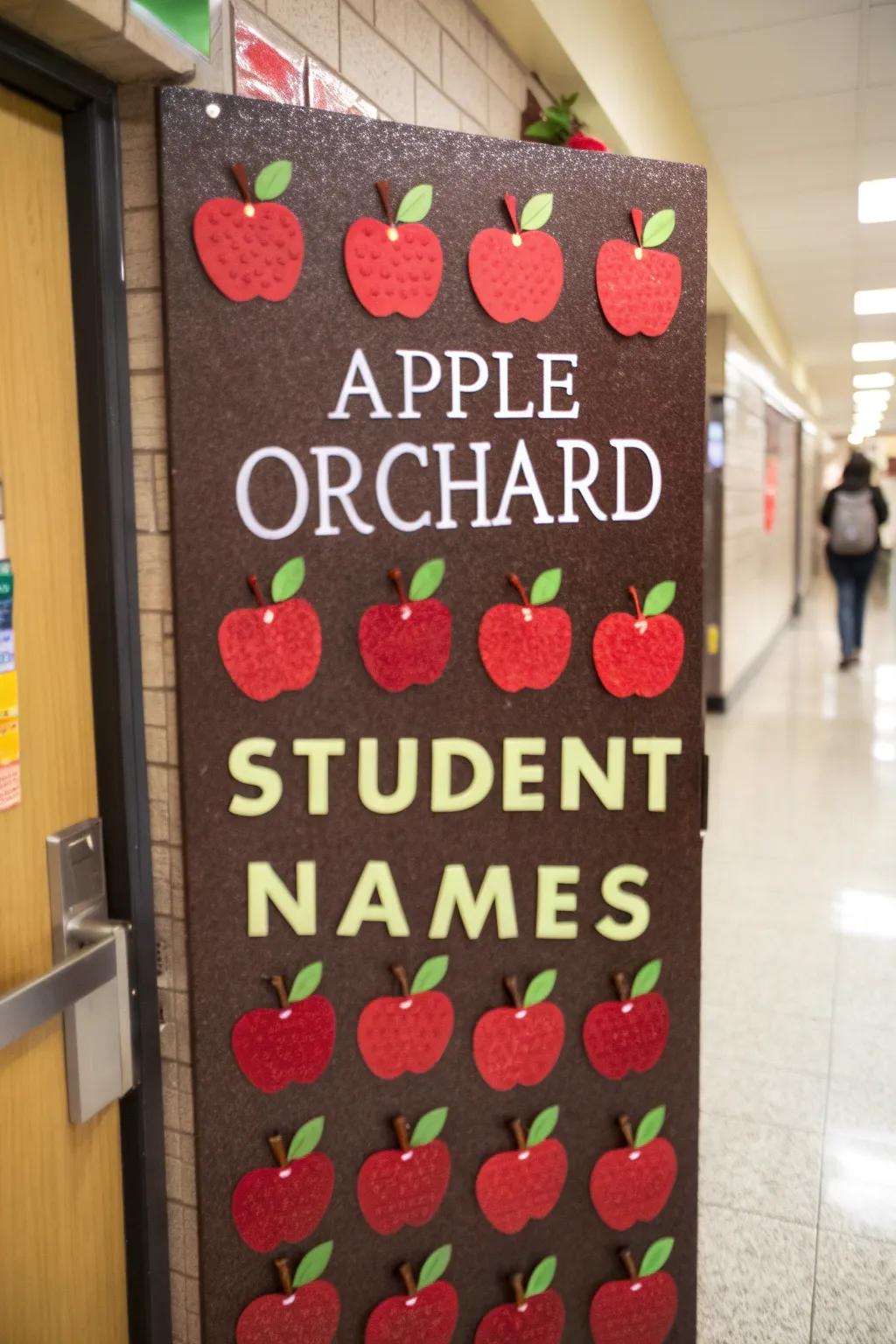 Welcome children with a customized apple orchard display.