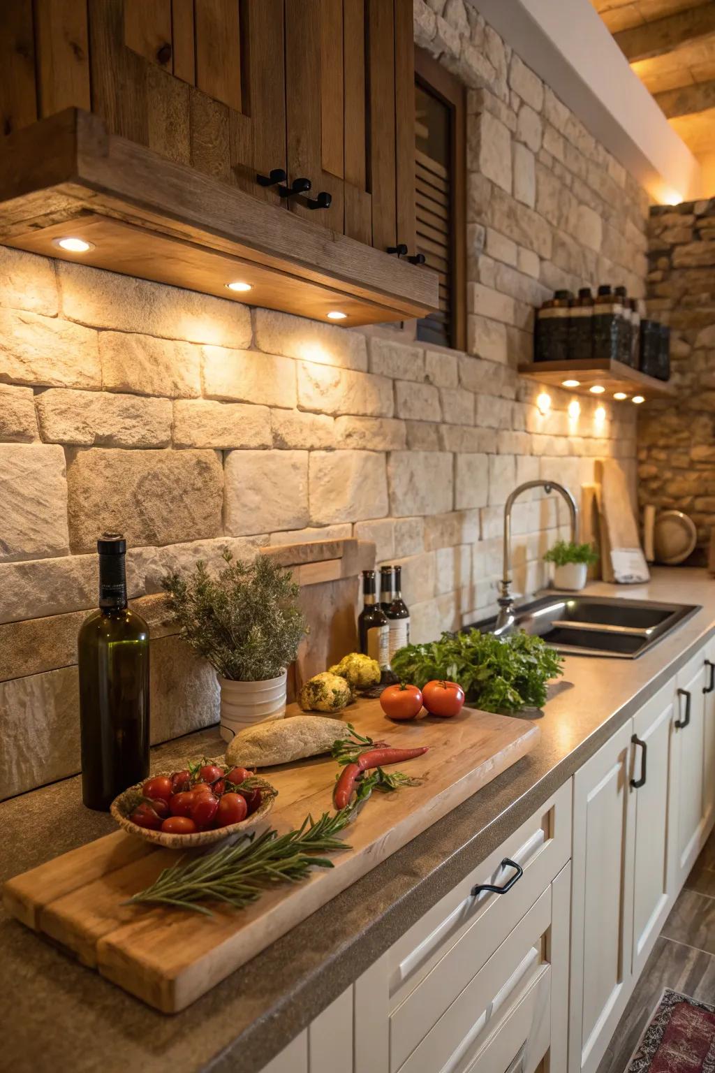 Incorporate nature indoors with a countryside stone backing.