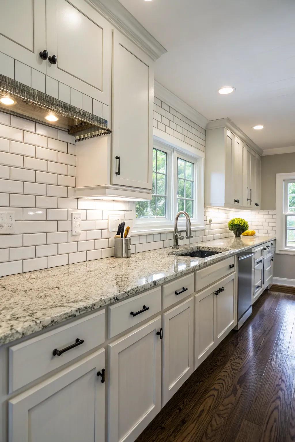 Stone countertops have a classic backdrop thanks to traditional block-shaped tiles.