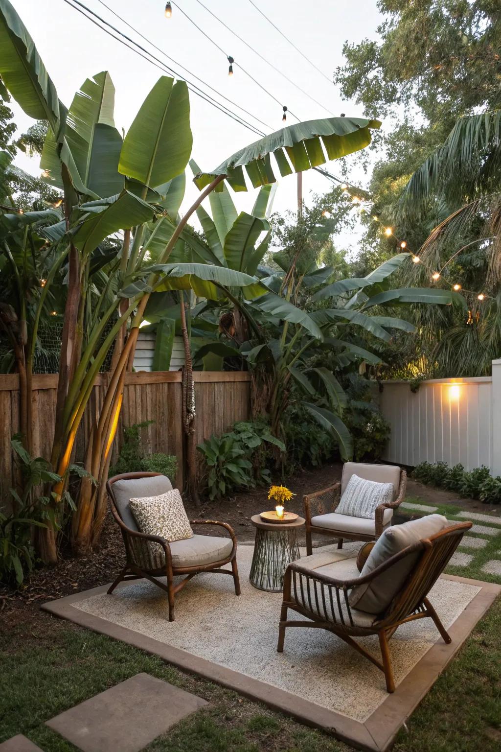 Unwind in a hidden seating spot embraced by rich banana trees.