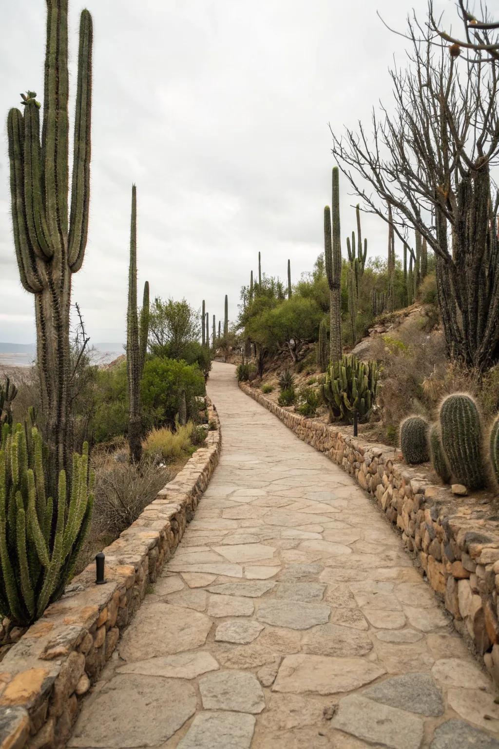 An inviting stone path lined with cacti of different heights.