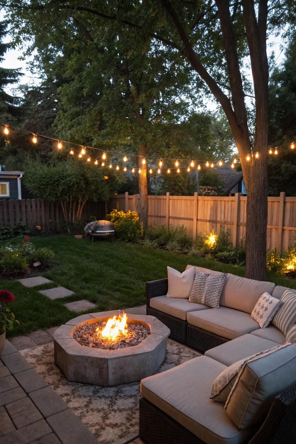A bonfire transforms your couch area into a warm meeting spot.