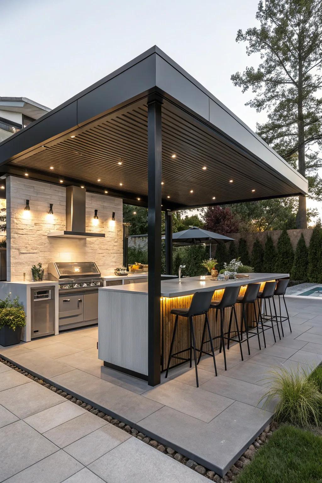 A sleek gazebo complete with its own bar gives you a fashionable outdoor space for entertaining.