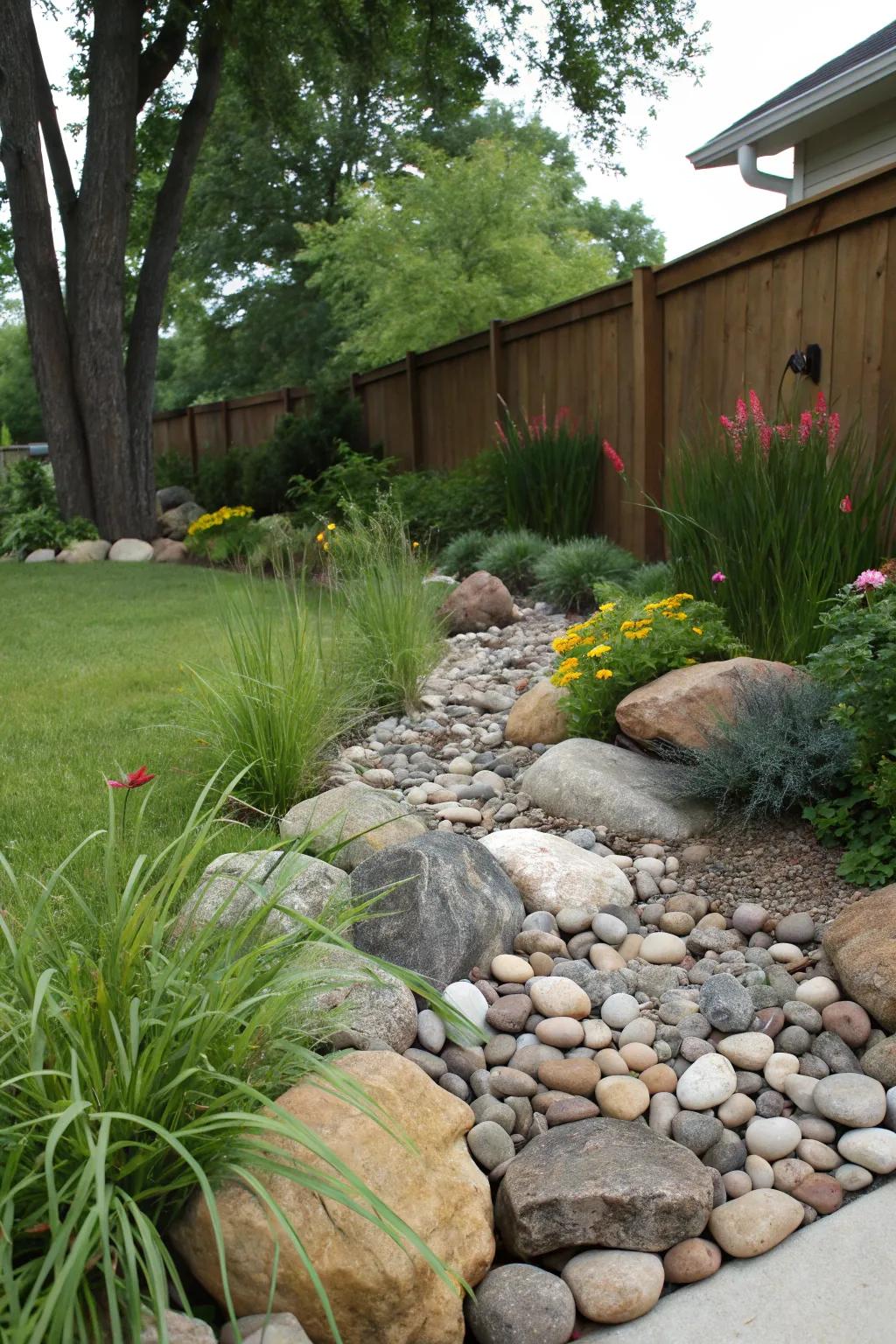 An appealing rock feature functioning as an efficient drainage solution.
