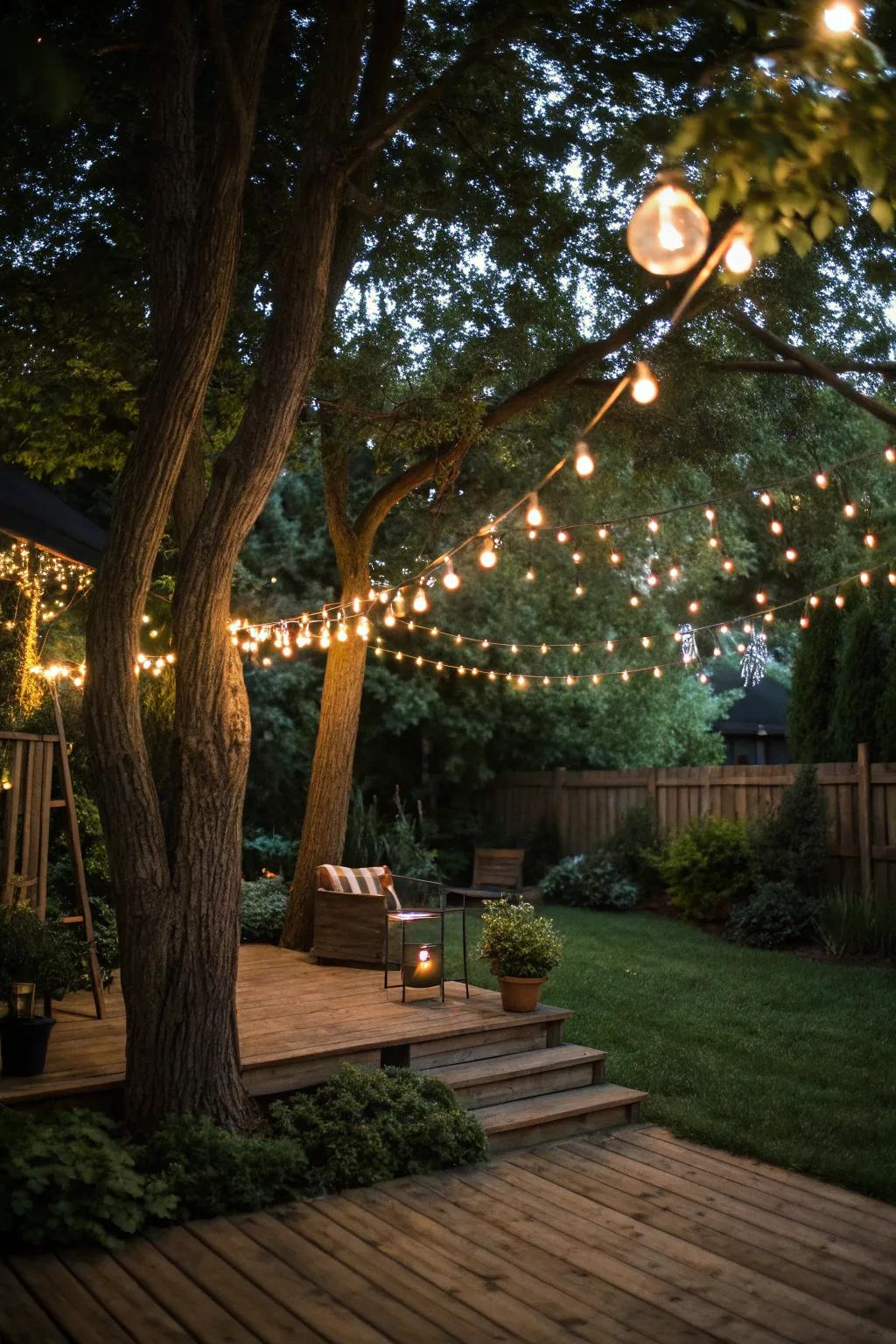 String lights create an enchanting atmosphere for a backyard engagement party.