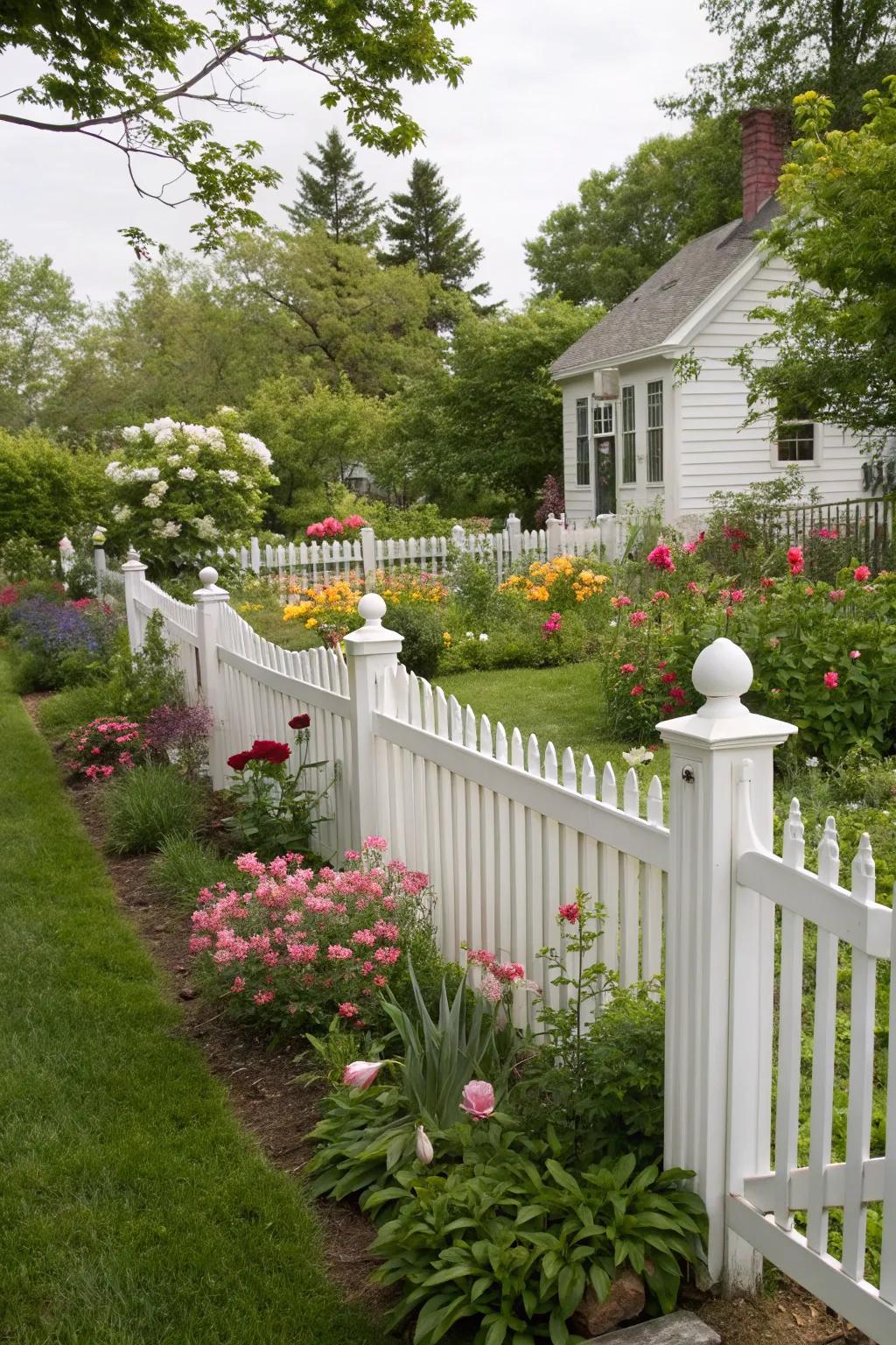 A traditional white wood fence enhances the charm of the backyard.
