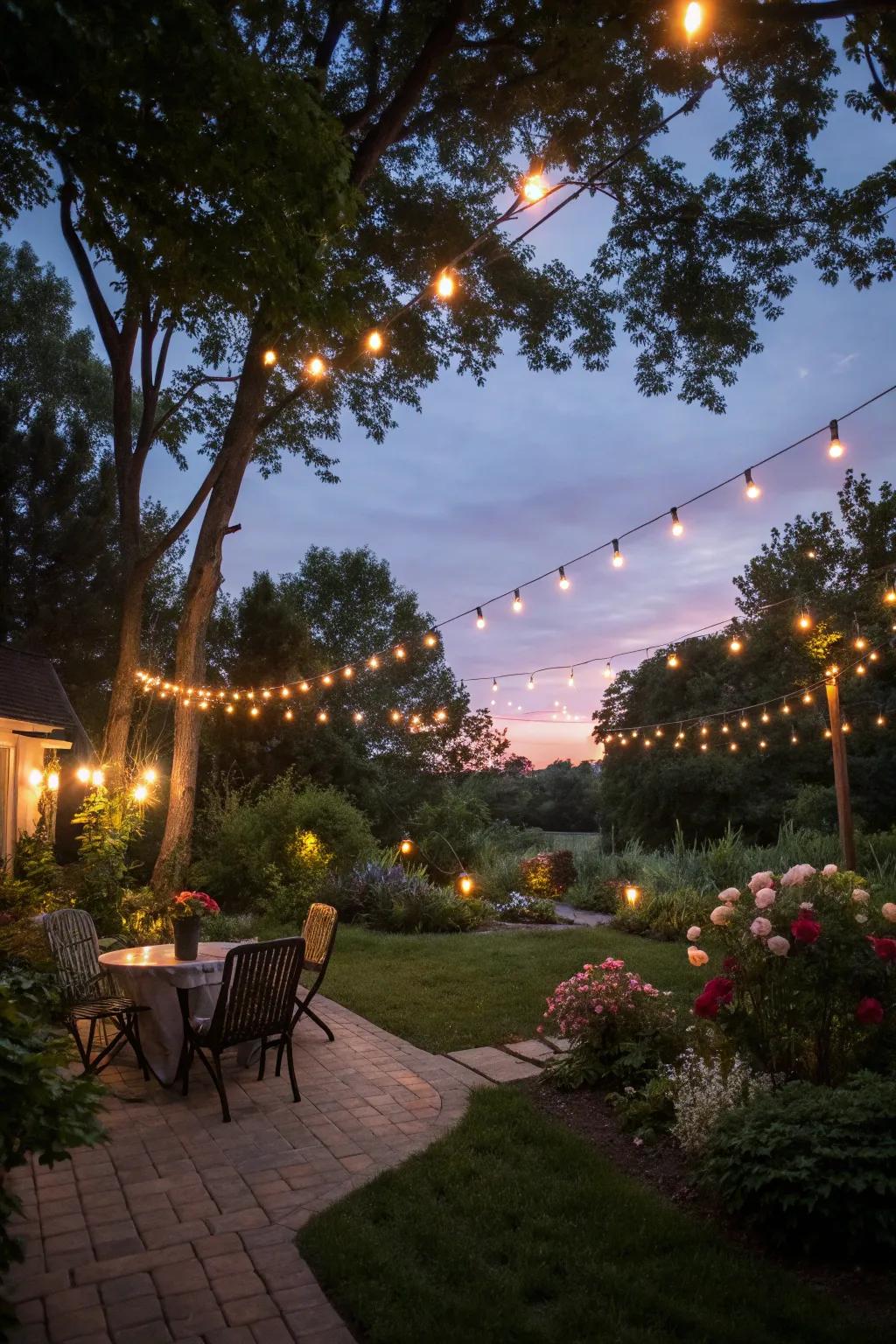 Twinkle lights produce a magical cover in a backyard garden.
