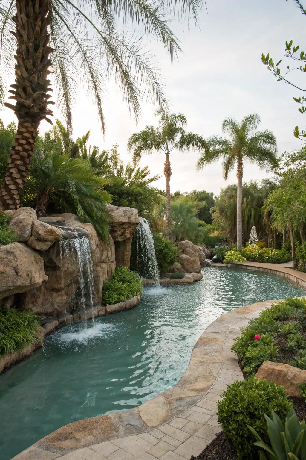 A waterfall flowing into a meandering pool, including beauty and peace.