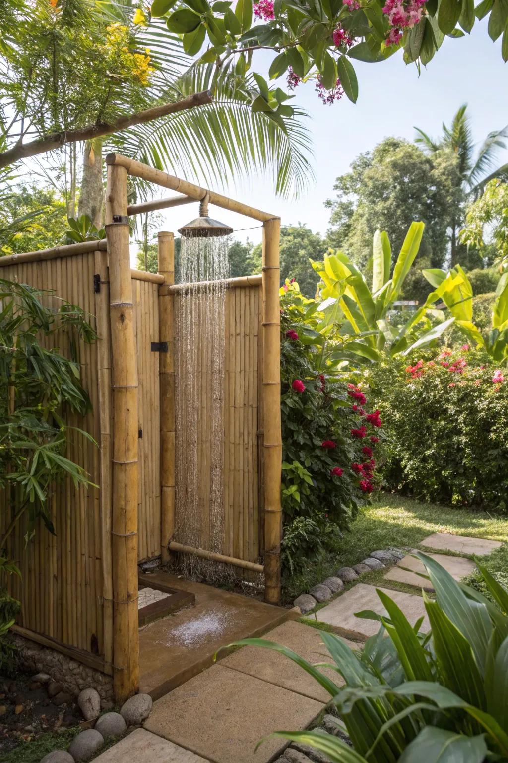 An exotic sanctuary open-air cleansing station adorned with cane walls and plentiful vegetation.