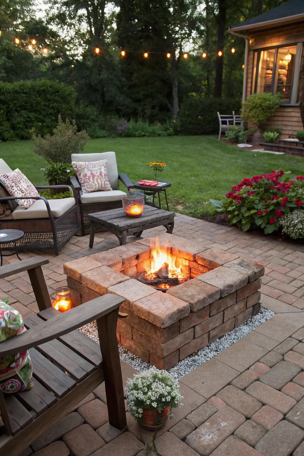 A cozy fire pit made from leftover bricks, creating a focal point for gatherings.