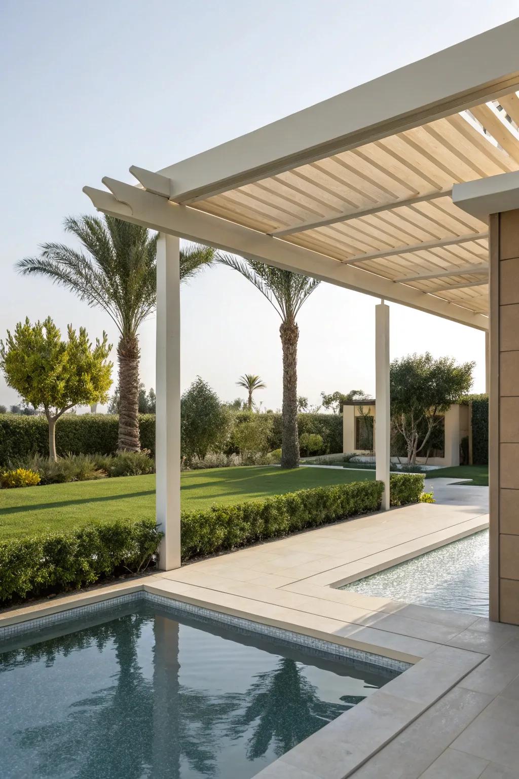 Modern pergola introduces a hint of sophistication to the pool area.