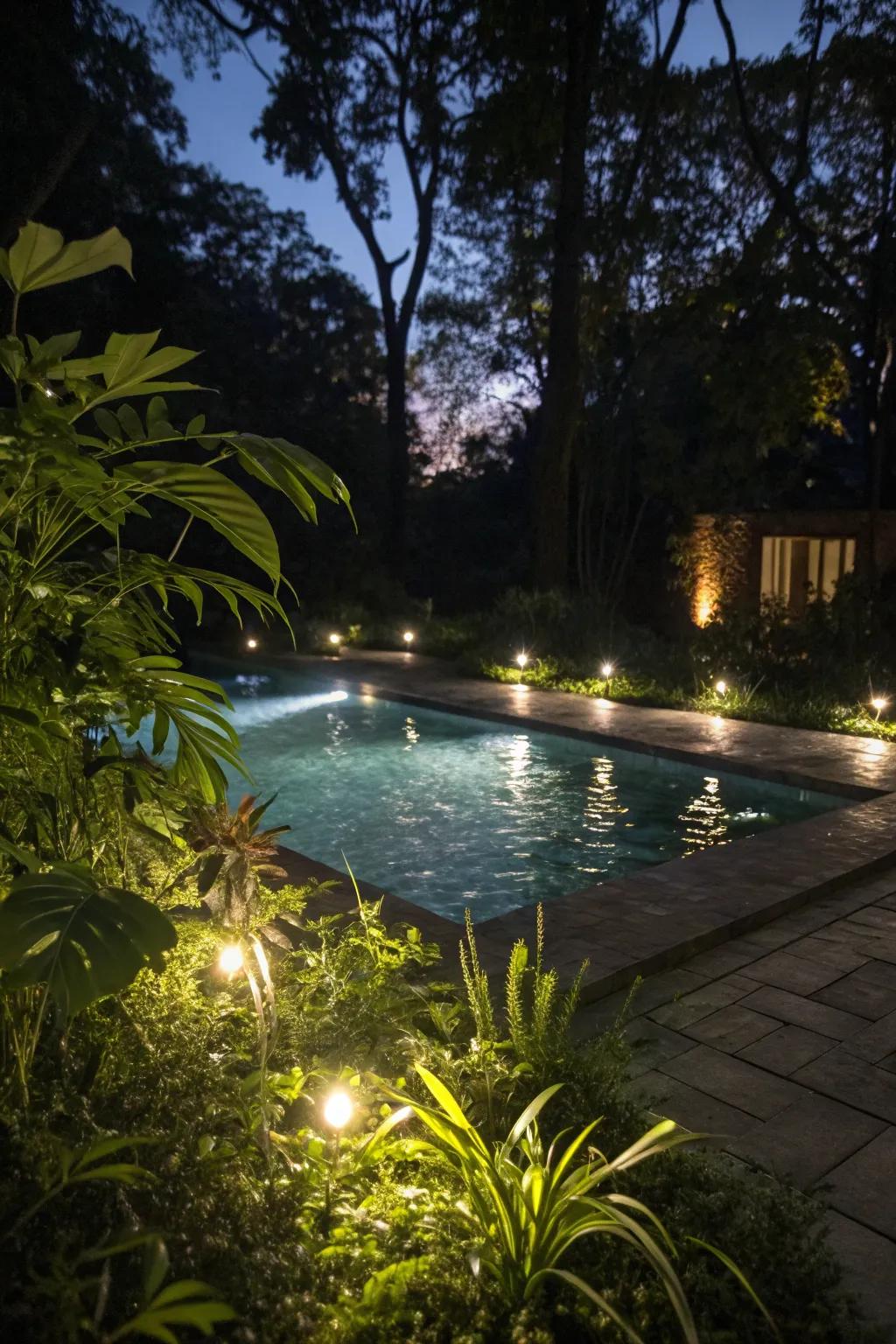 LED lighting establishes a captivating ambiance for nighttime swimming.