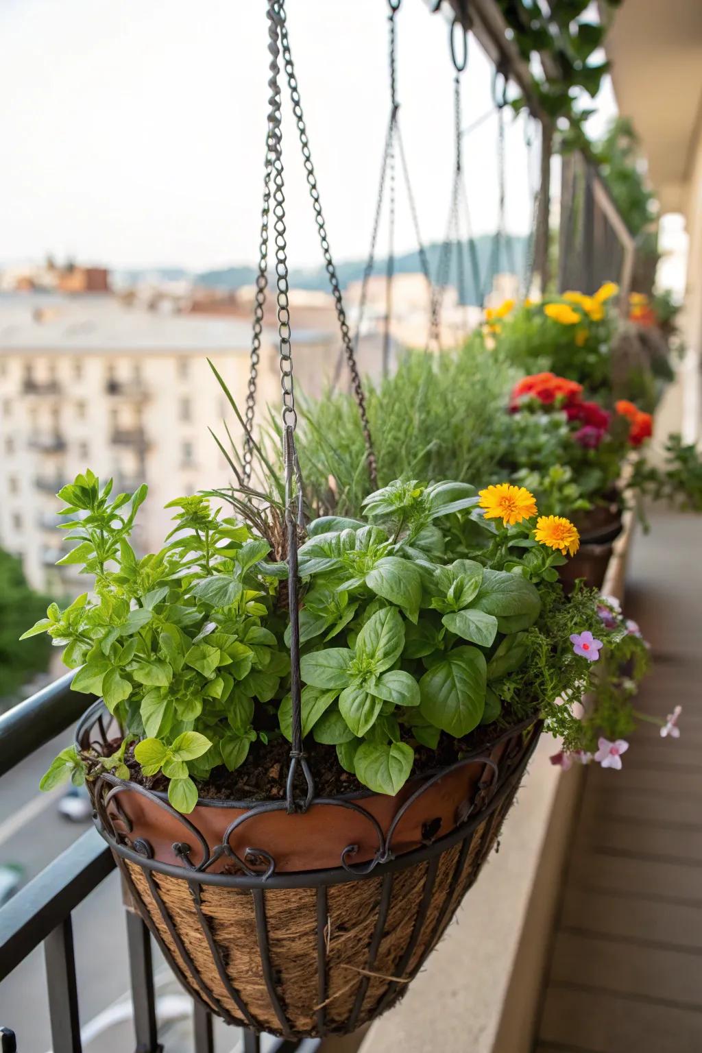 Hanging containers are a lovely way to grow herbs without using up floor space.