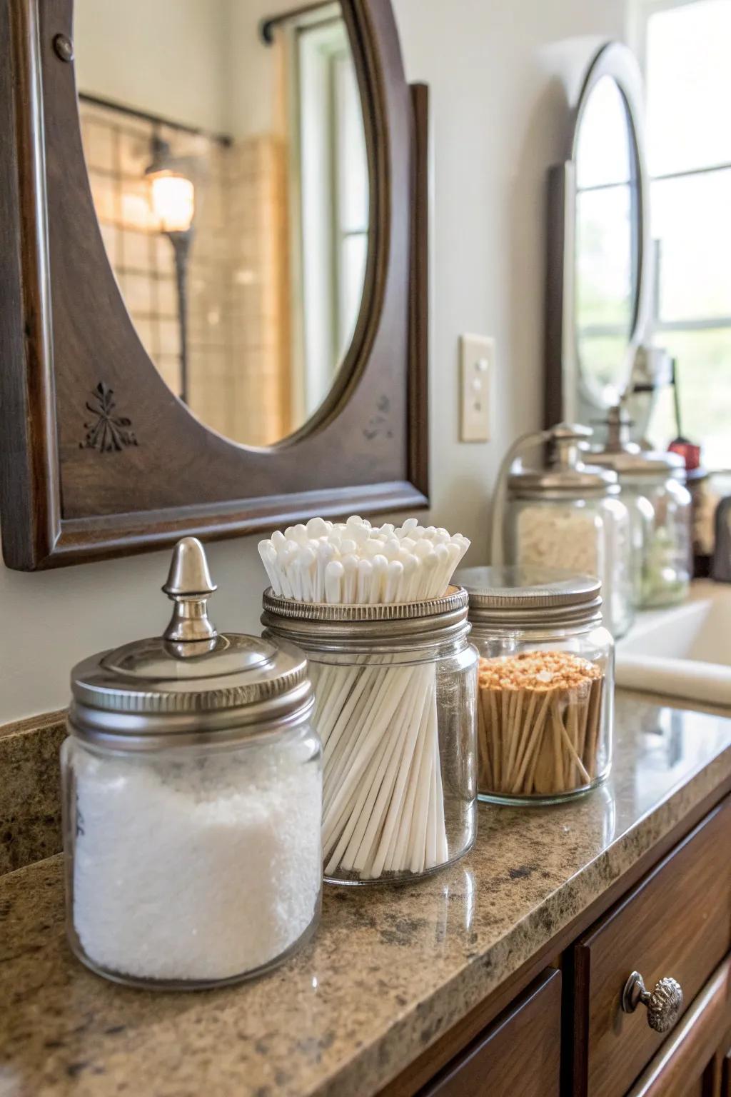 A chic bathroom storage solution utilizing preserving jars.