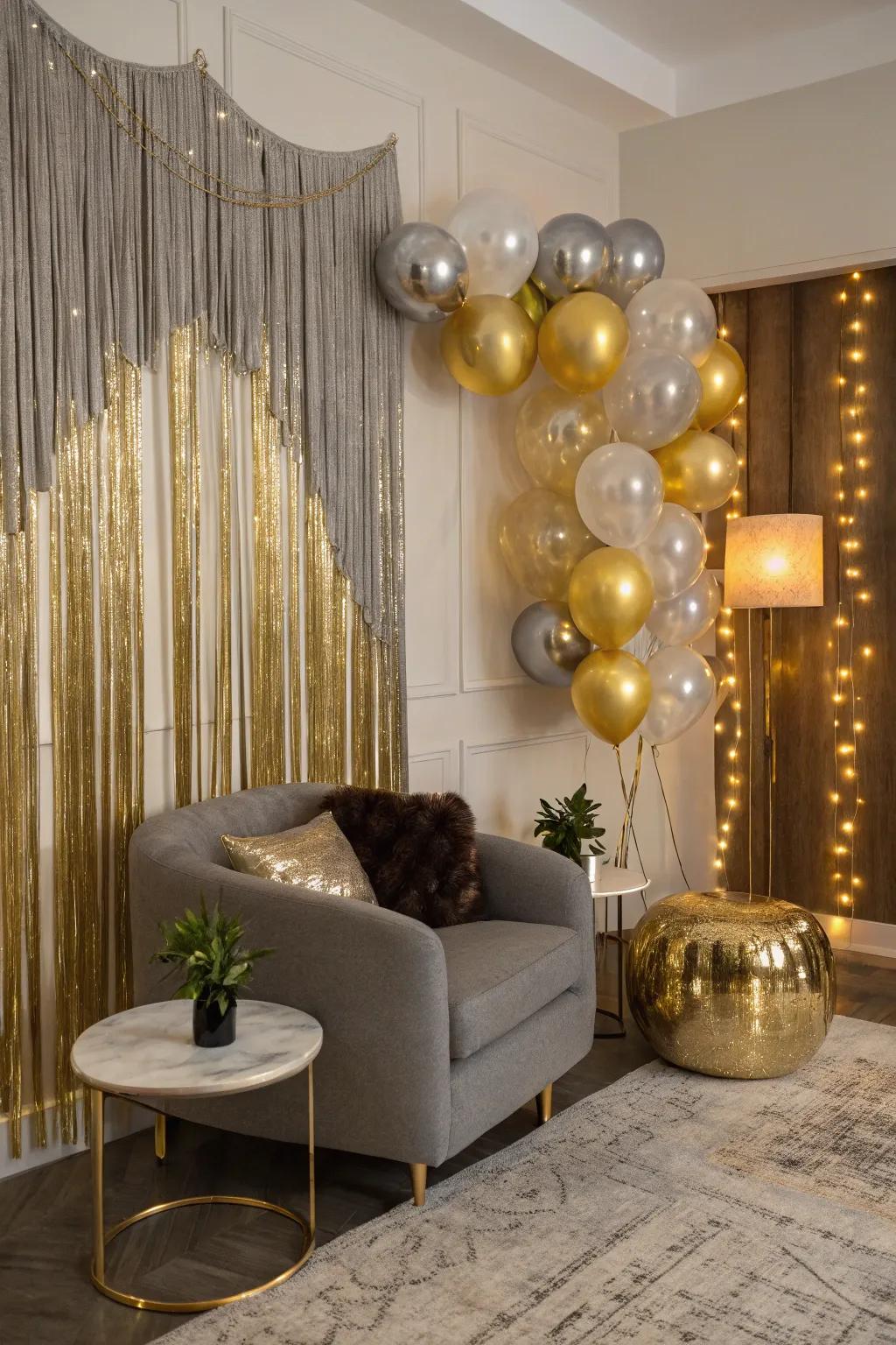 A glamorous metallic fringe and balloon backdrop for celebratory events.