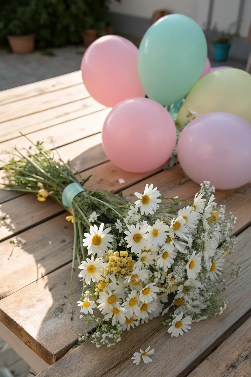 A beautiful fusion of balloons and fresh flowers for a delightful centerpiece.