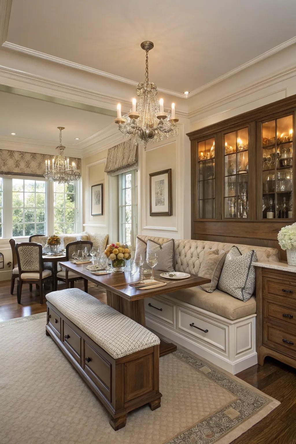 Banquette seating featuring cleverly integrated storage, a blend of style and practicality.