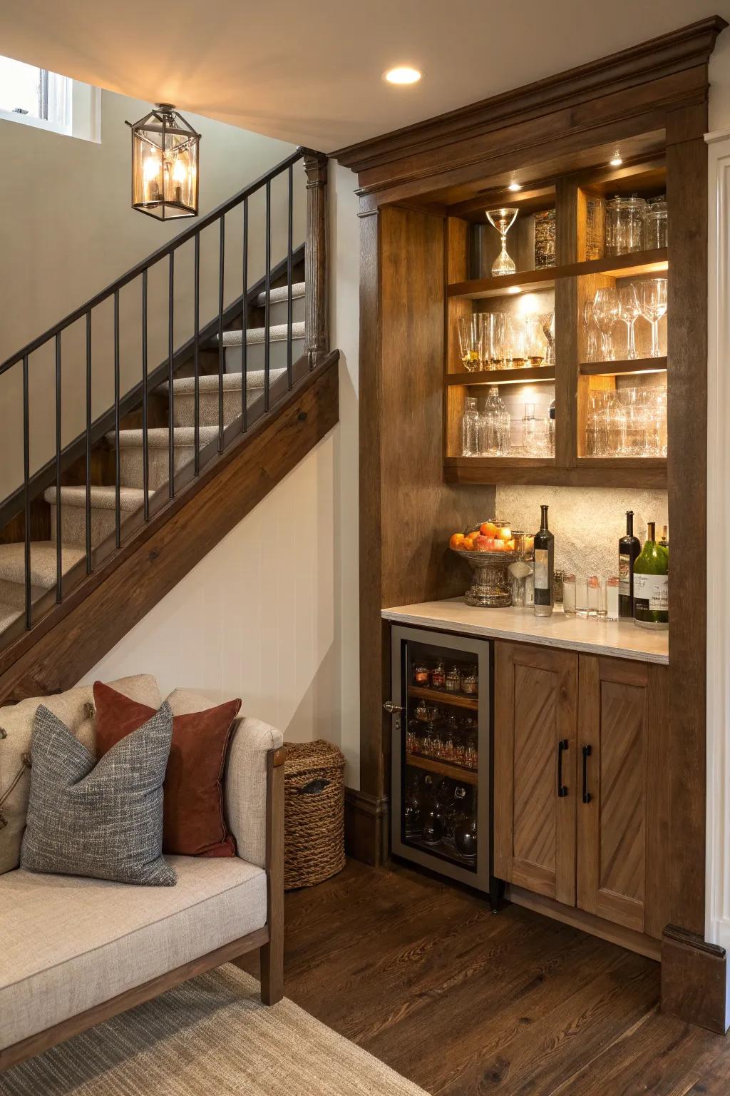 An imaginative use of space featuring a bar cabinet tucked under the stairs.