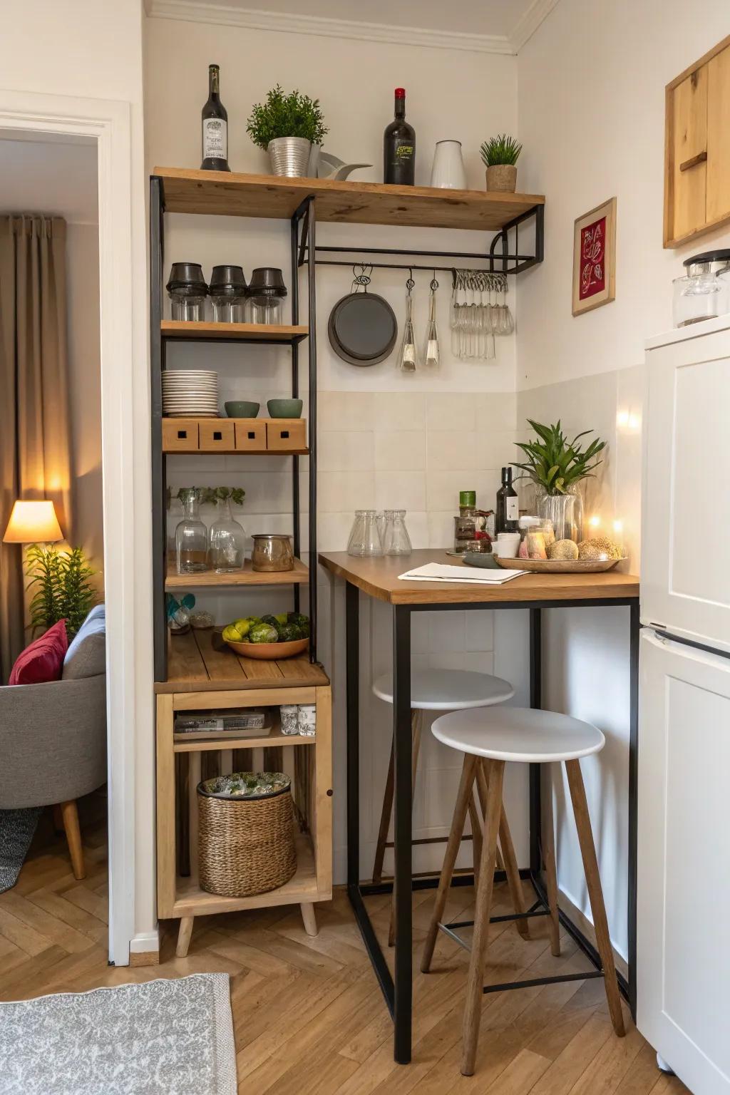 Space-efficient bar table offering integrated storage options.