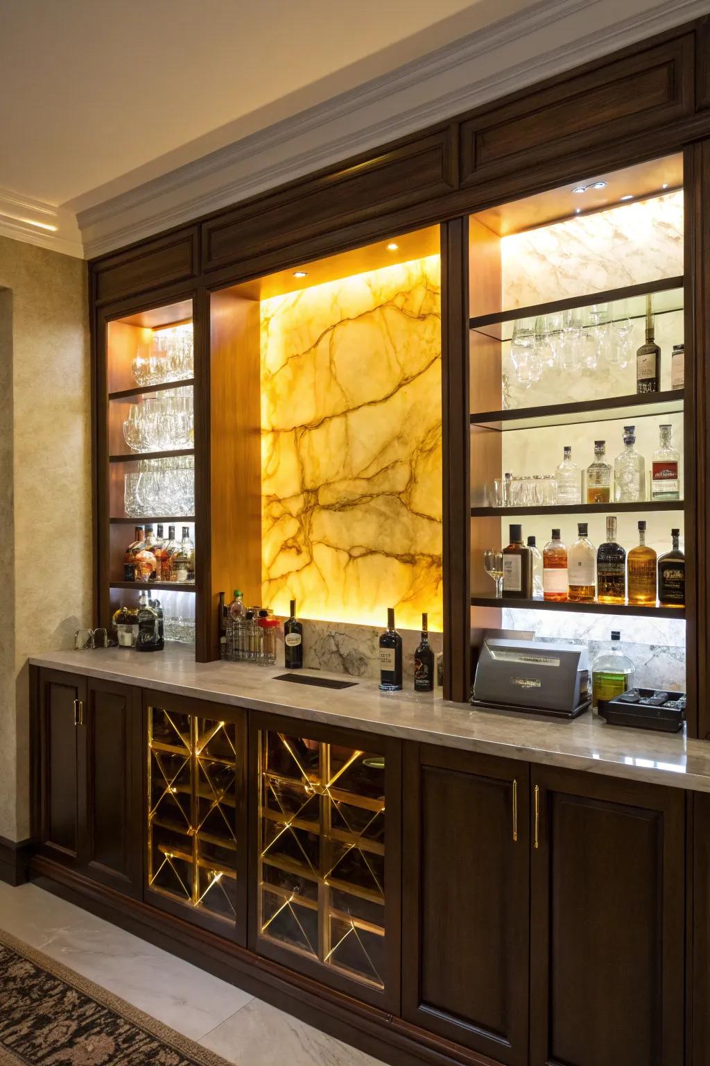 Incorporate a hint of theatrics with a backlit onyx wall, wonderfully lighting your bar space.