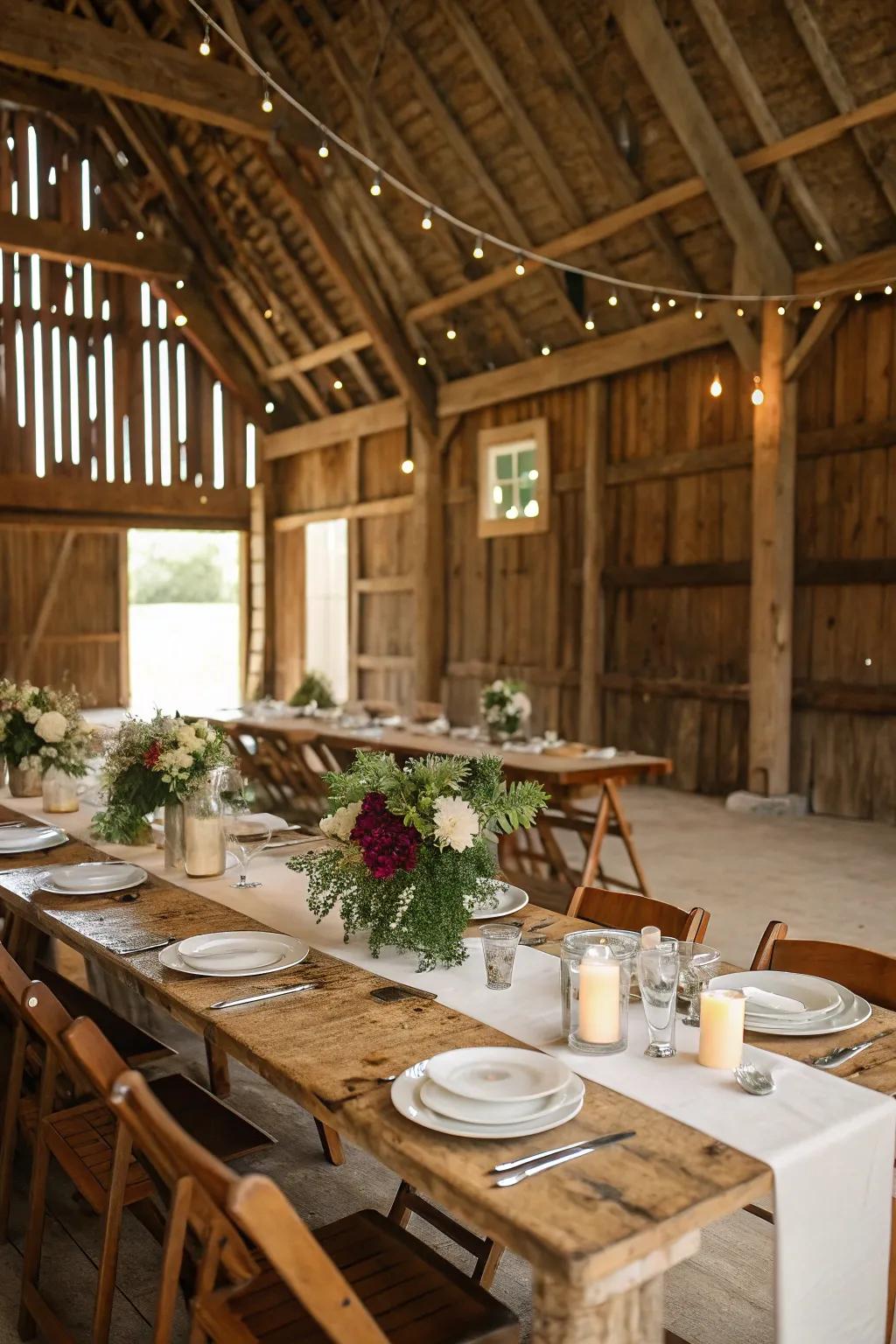 Traditional timber tables establish the framework for barn sophistication.