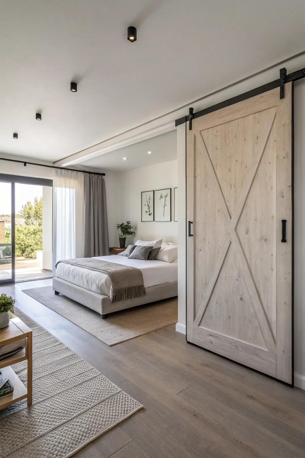An understated bedroom showcases a sleek stable door, representing modern refinement.