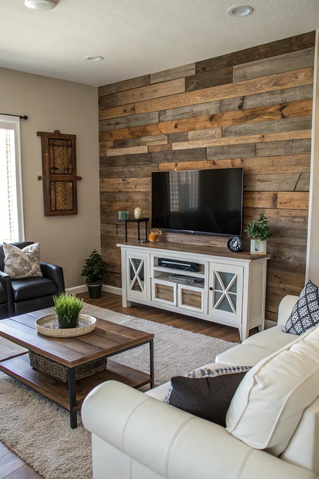 Establish an impressive center of focus through the incorporation of a barn wood feature wall.