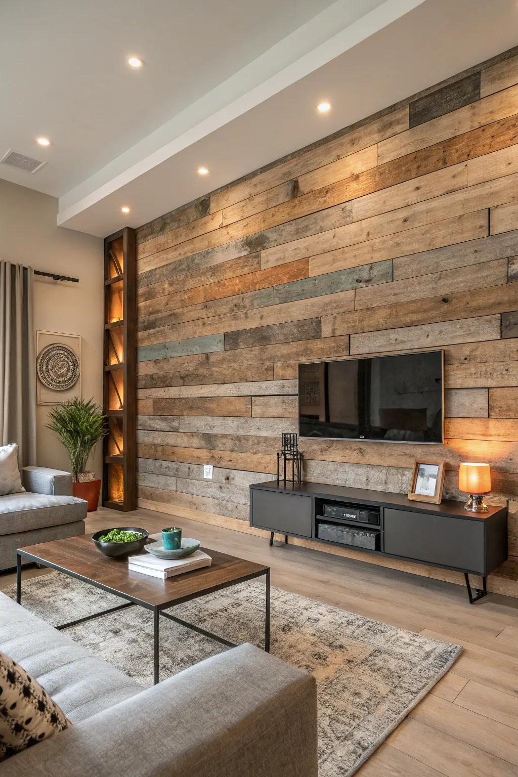 A barnwood wall featuring a combination of textures and colors.