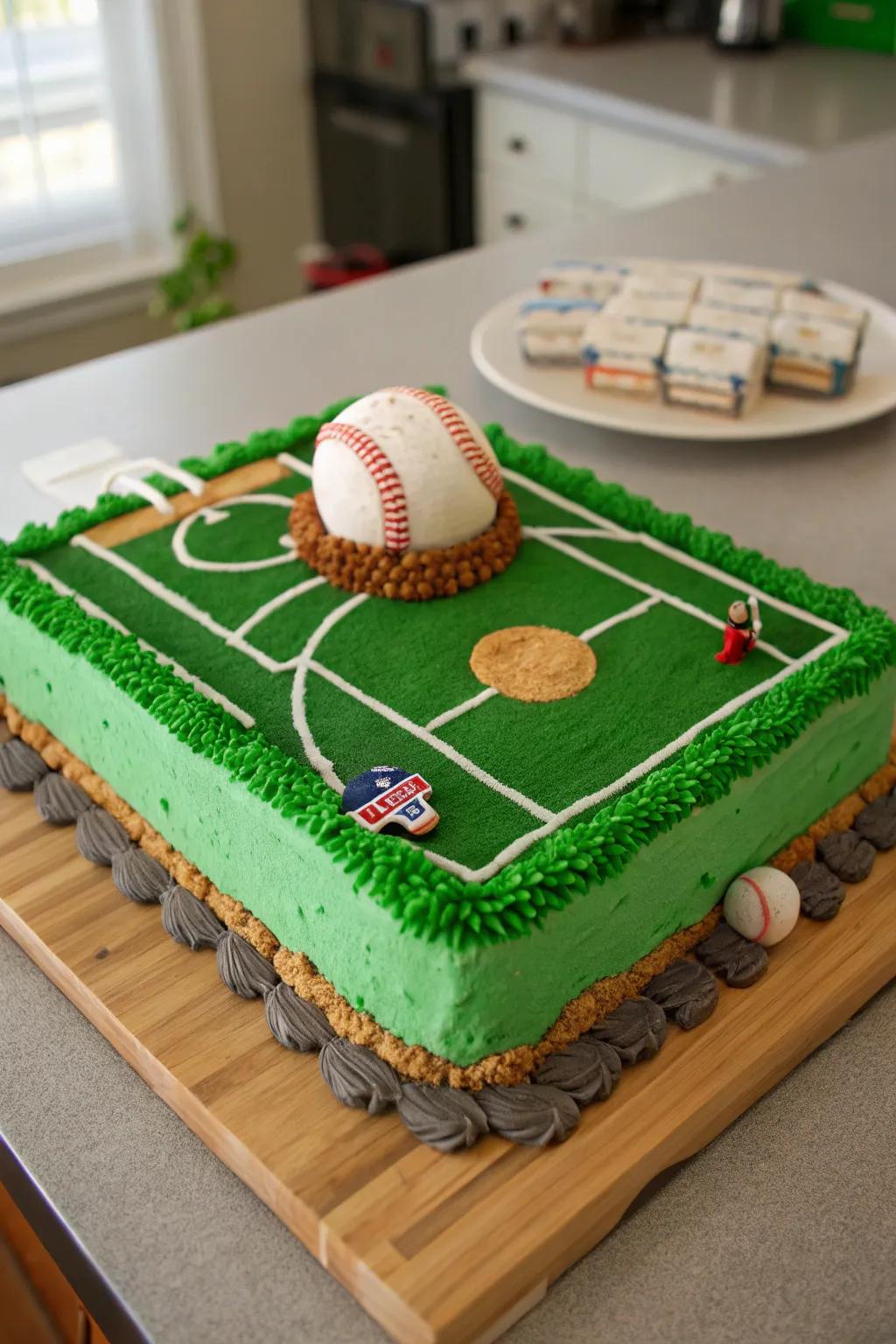 The playful baseball field cake, a must for any baseball admirer.